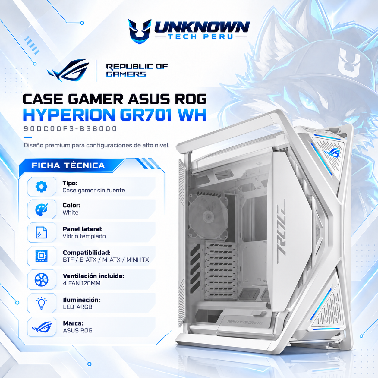 CASE GAMER SIN FUENTE ASUS ROG HYPERION GR701 WH ( 90DC00F3-B38000 ) | WHITE | VIDRIO TEMPLADO | E-ATX / ATX / M-ATX / MINI-ITX | 4 FAN 140MM PWM | AIO 420MM FRONTAL / SUPERIOR + 360MM LATERAL | LED-ARGB