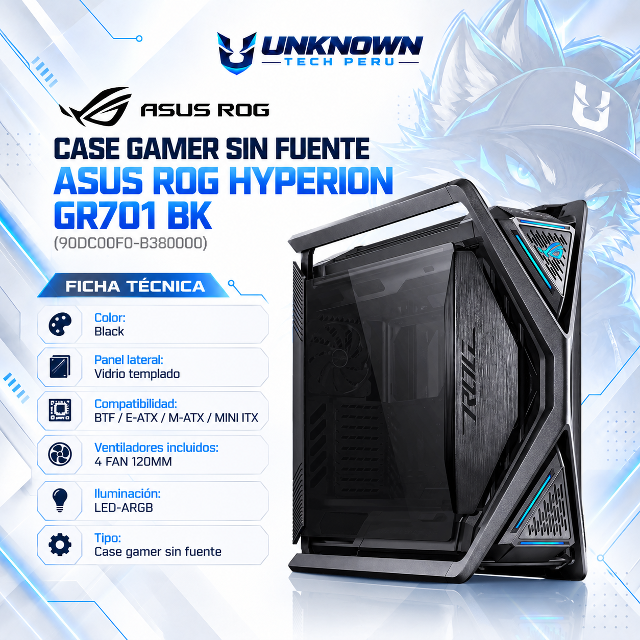 CASE GAMER SIN FUENTE ASUS ROG HYPERION GR701 BK ( 90DC00F0-B38000 ) | BLACK | VIDRIO TEMPLADO | E-ATX / ATX / M-ATX / MINI-ITX | 4 FAN 140MM PWM | AIO 420MM FRONTAL / SUPERIOR + 360MM LATERAL | LED-ARGB