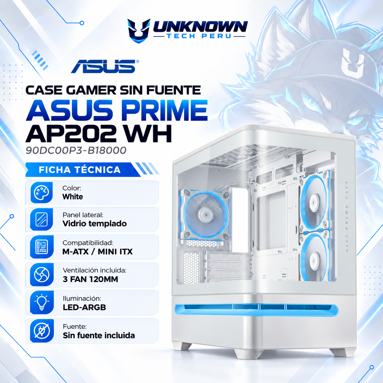 CASE GAMER SIN FUENTE ASUS PRIME AP202 WH ( 90DC00P3-B18000 ) | WHITE | VIDRIO TEMPLADO CURVO | M-ATX / MINI-ITX | 2 FAN 120MM ARGB LATERAL + 1 FAN 120MM ARGB TRASERO | AIO 360MM SUPERIOR | LED-ARGB