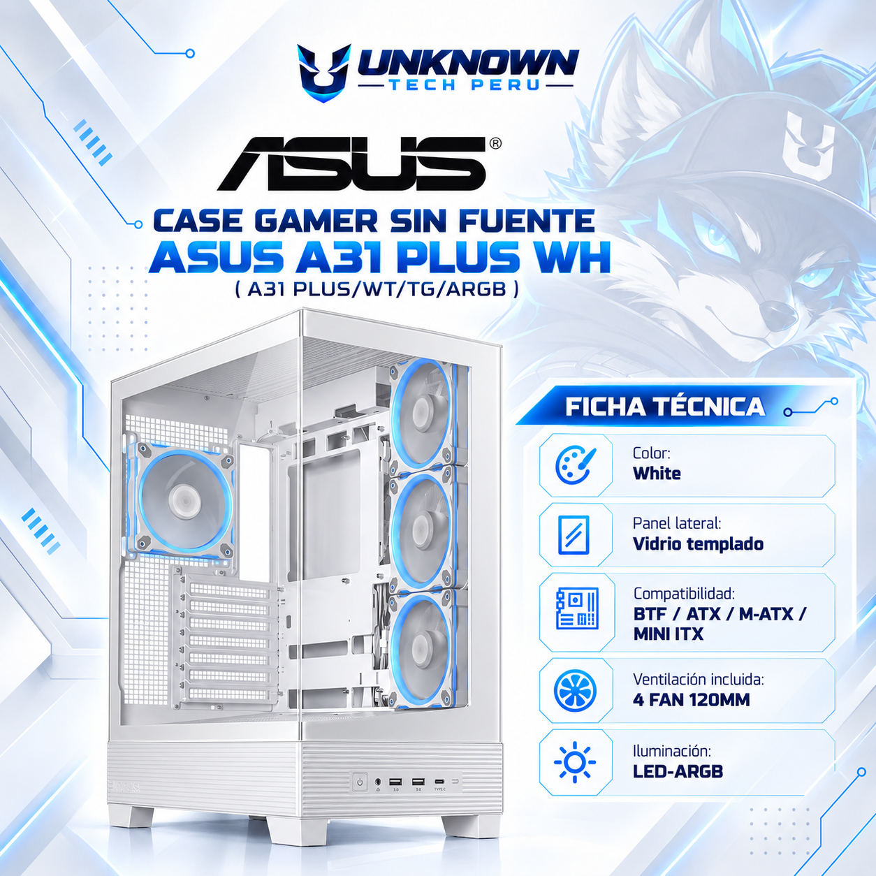 CASE GAMER SIN FUENTE ASUS A31 PLUS WH ( A31 PLUS/WT/TG/ARGB ) | WHITE | VIDRIO TEMPLADO | BTF / ATX / M-ATX / MINI-ITX | 3 FAN 120MM ARGB REVERSE + 1 FAN 120MM ARGB | AIO 360MM SUPERIOR | LED-ARGB