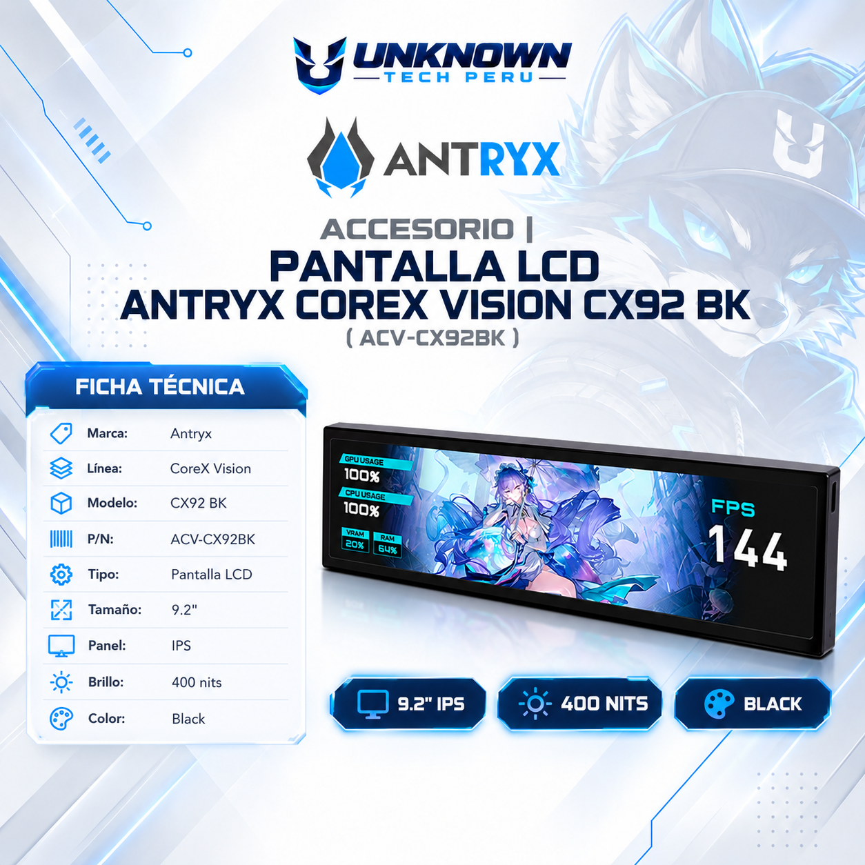 ACCESORIO | PANTALLA LCD ANTRYX COREX VISION CX92 BK ( ACV-CX92BK ) | BLACK | PANTALLA LCD 9.2" IPS | 400 NITS |