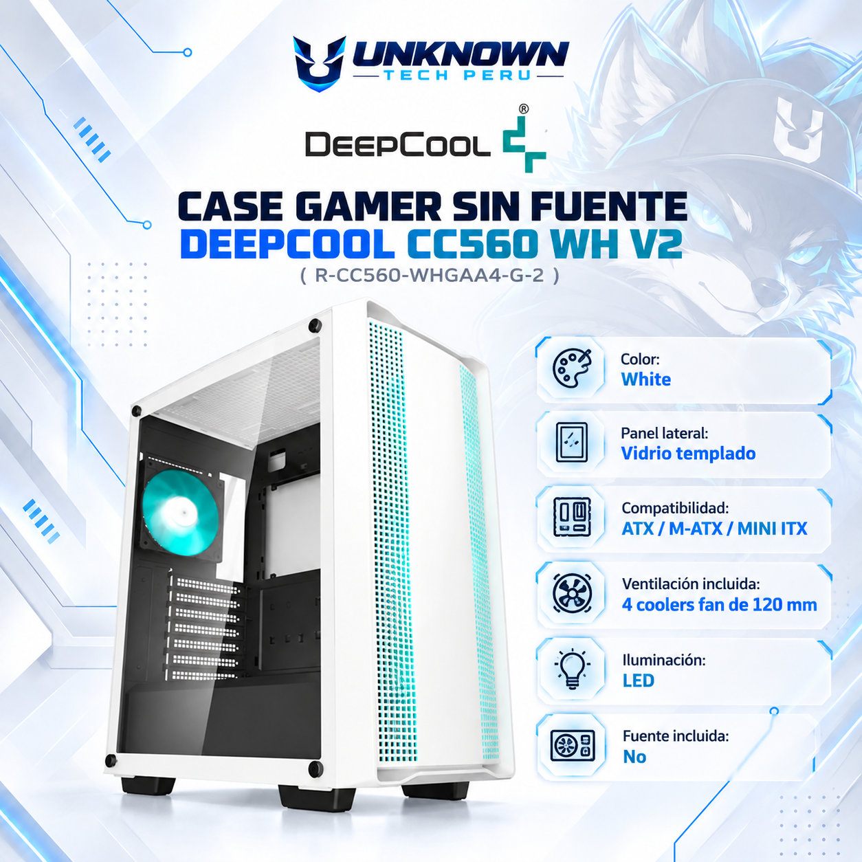 CASE GAMER SIN FUENTE DEEPCOOL CC560 WH V2 ( R-CC560-WHGAA4-G-2 ) | WHITE | VIDRIO TEMPLADO | ATX / M-ATX / MINI-ITX | 4 FAN 120MM LED | AIO 360MM FRONTAL / 240MM SUPERIOR | LED