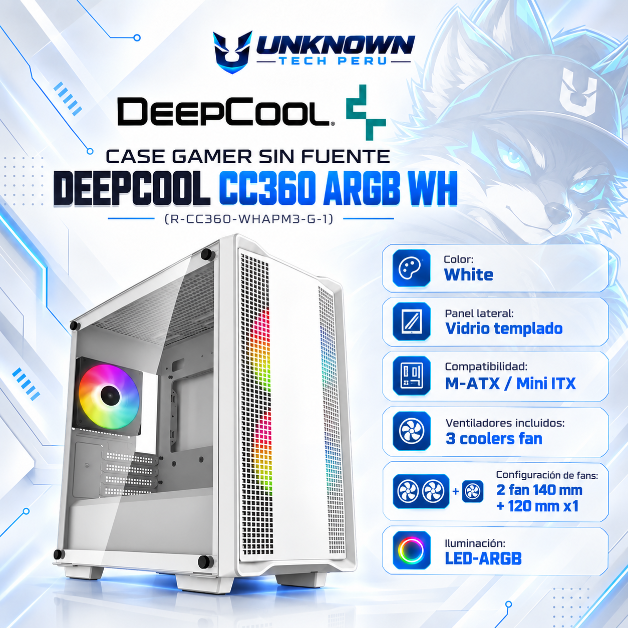 CASE GAMER SIN FUENTE DEEPCOOL CC360 ARGB WH ( R-CC360-WHAPM3-G-1 ) | WHITE | VIDRIO TEMPLADO | M-ATX / MINI-ITX | 3 FAN 120MM ARGB | AIO 360MM FRONTAL / 240MM SUPERIOR | LED-ARGB