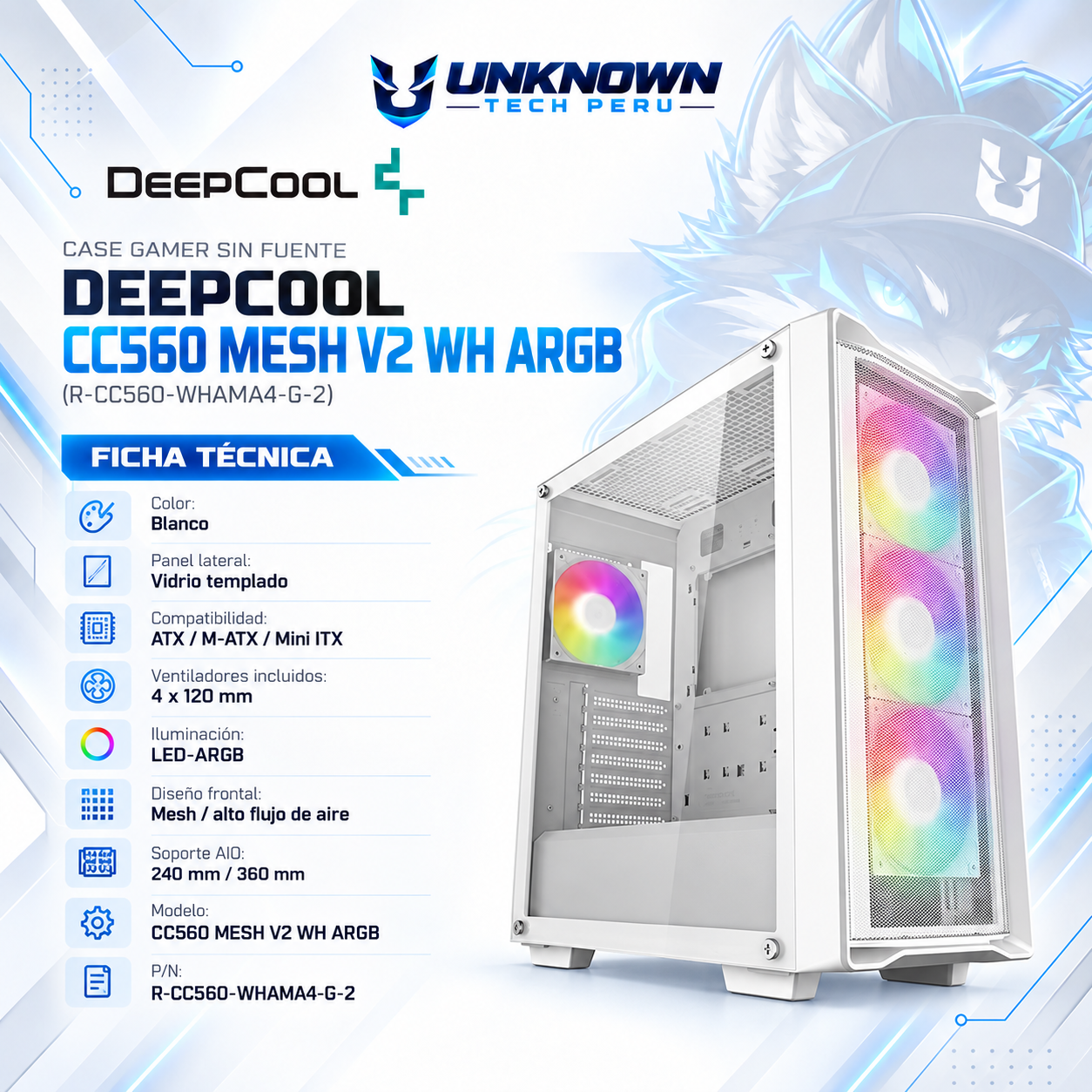 CASE GAMER SIN FUENTE DEEPCOOL CC560 MESH V2 WH ARGB ( R-CC560-WHAMA4-G-2 ) | WHITE | VIDRIO TEMPLADO | ATX / M-ATX / MINI ITX | 4 FAN 120MM ARGB | AIO 360MM FRONTAL / 280MM SUPERIOR | LED-ARGB
