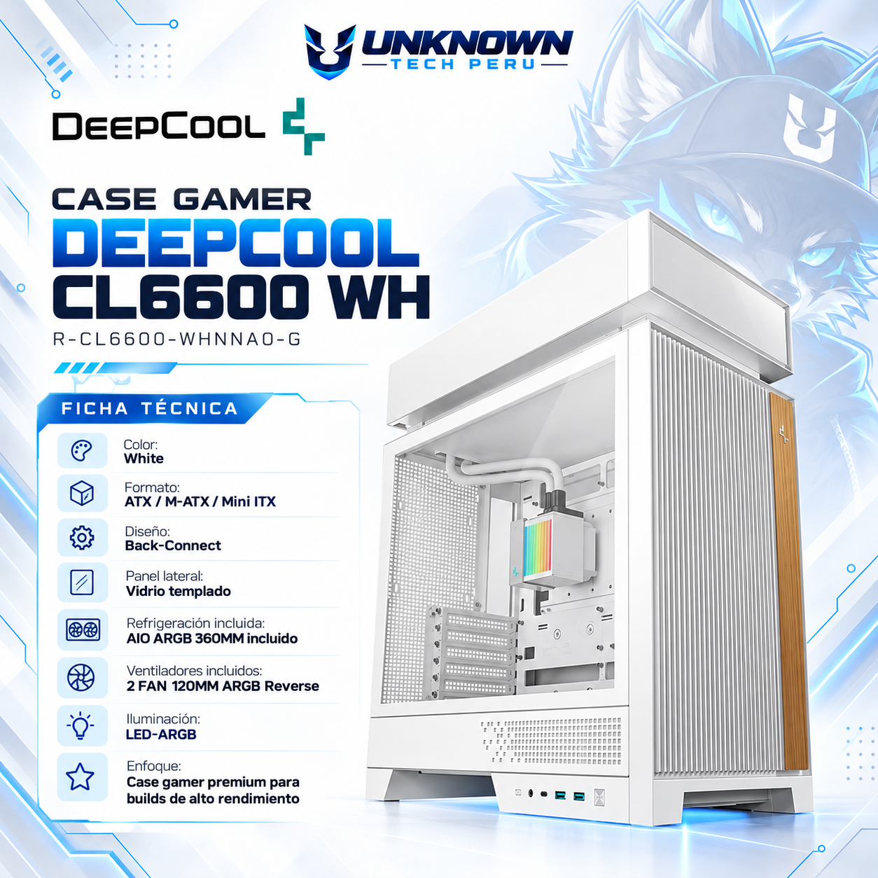 CASE GAMER DEEPCOOL CL6600 WH ( R-CL6600-WHNNA0-G ) | WHITE | VIDRIO TEMPLADO | ATX / M-ATX / MINI ITX | BACK-CONNECT | AIO ARGB 360MM INCLUIDO | 2 FAN 120MM ARGB REVERSE | LED-ARGB