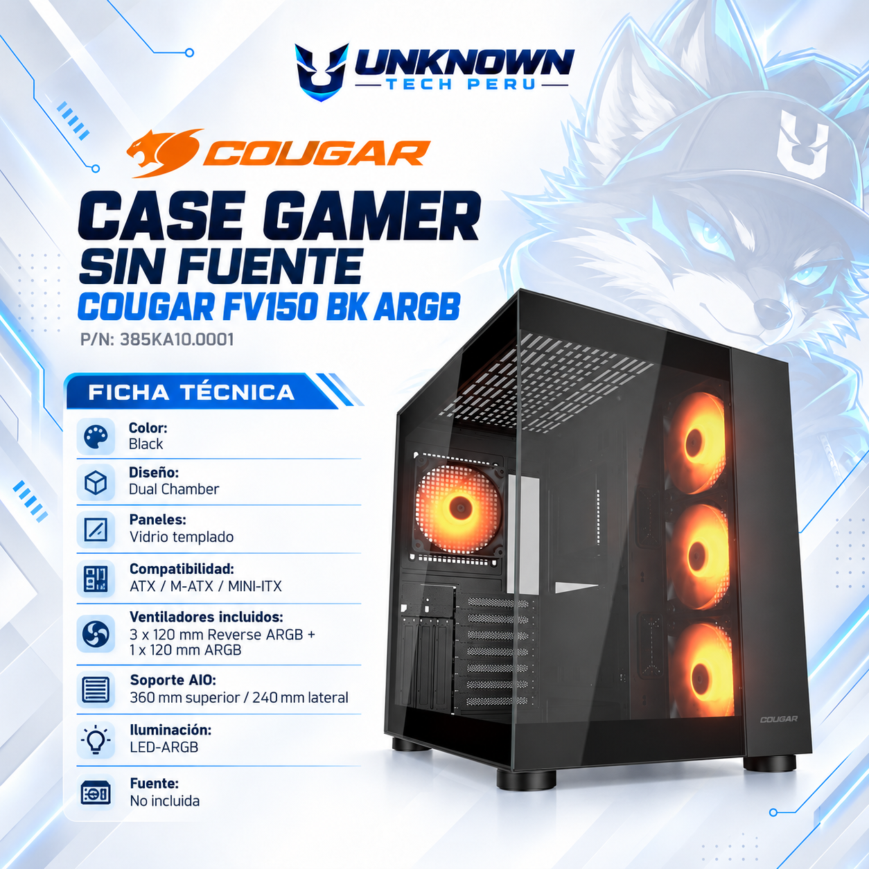 CASE GAMER SIN FUENTE COUGAR FV150 BK ARGB ( 385KA10.0001 ) | BLACK | DUAL CHAMBER | PANELES DE VIDRIO | ATX / M-ATX / MINI-ITX | 3 FAN 120MM REVERSE ARGB + 1 FAN 120MM ARGB | AIO 360MM SUPERIOR / 240MM LATERAL | LED-ARGB