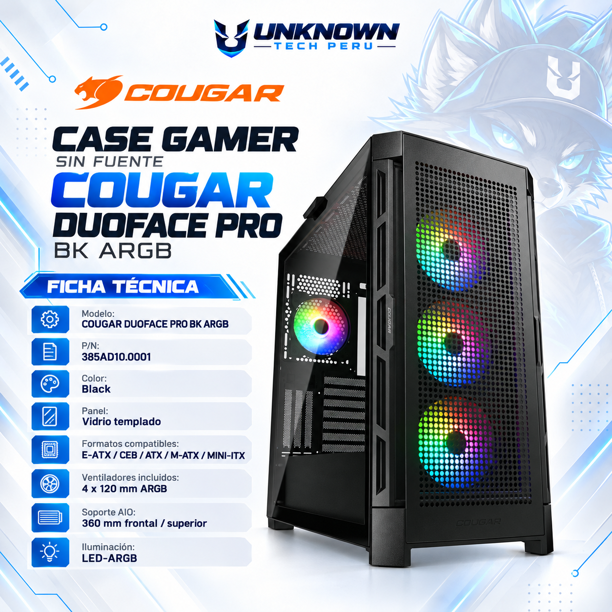 CASE GAMER SIN FUENTE COUGAR DUOFACE PRO BK ARGB ( 385AD10.0001 ) | BLACK | VIDRIO TEMPLADO | E-ATX / CEB / ATX / M-ATX / MINI-ITX | 4 FAN 120MM ARGB | AIO 360MM FRONTAL / SUPERIOR | LED-ARGB