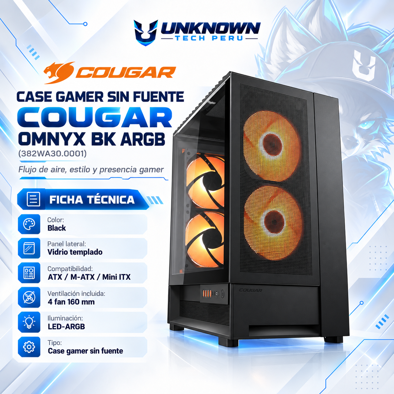 CASE GAMER SIN FUENTE COUGAR OMNYX BK ARGB ( 382WA30.0001 ) | BLACK | DOBLE PANEL DE VIDRIO | REVERSE CONNECTOR / BTF | ATX / M-ATX / MINI-ITX | 2 FAN 160MM ARGB PWM FORWARD + 2 FAN 160MM ARGB PWM REVERSE | AIO 360MM LATERAL | LED-ARGB